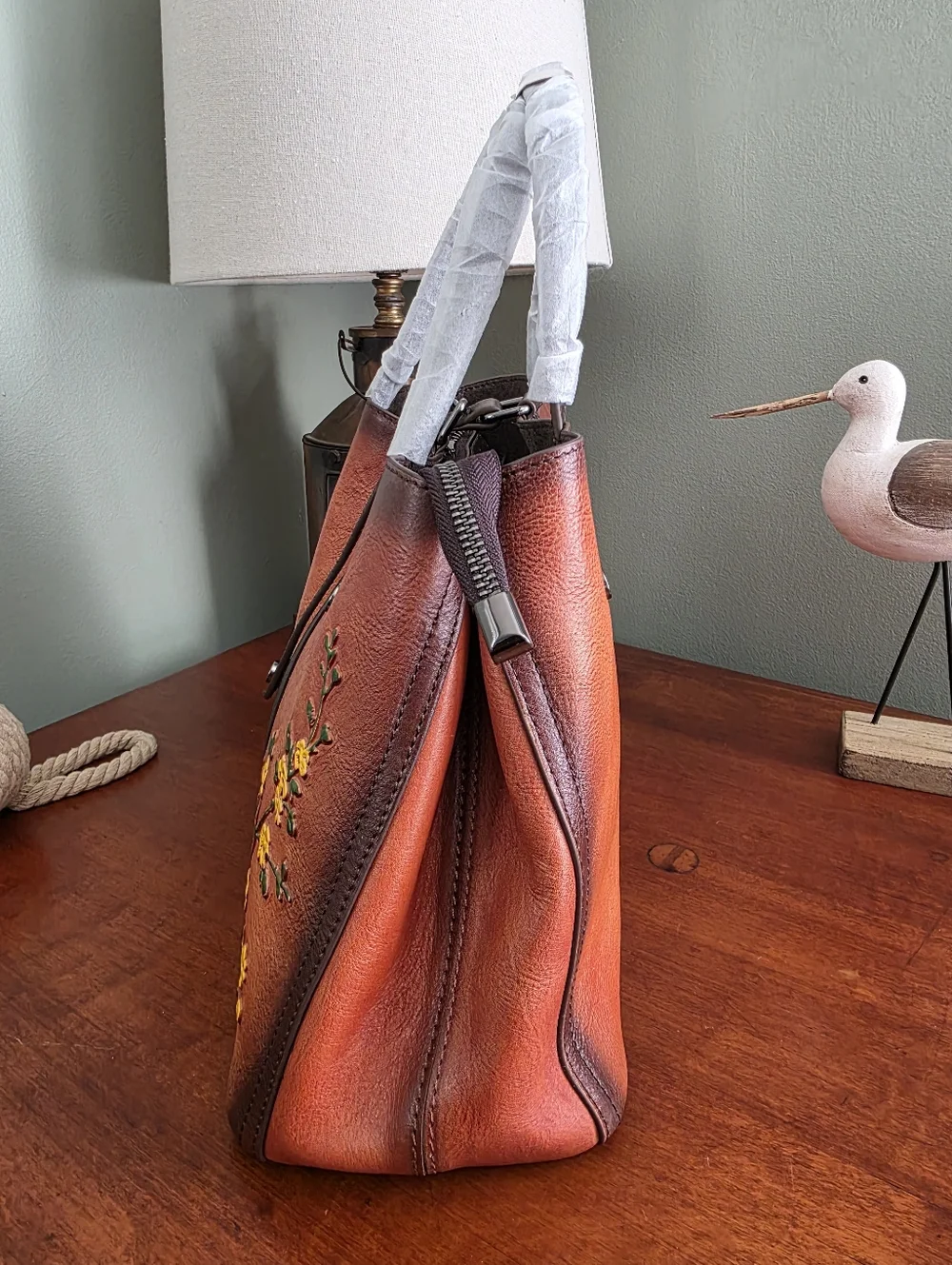 Floral Leather Satchel Crossbody Bag Tan Brown NWOT